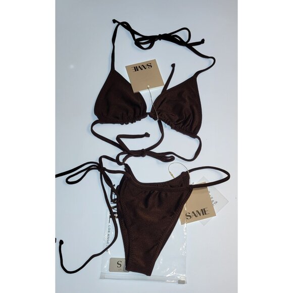 SAME Los Angeles Swim Bikini Set 2Pc Triangke Top High Weist Bottom Brown SZ S - Picture 1 of 5